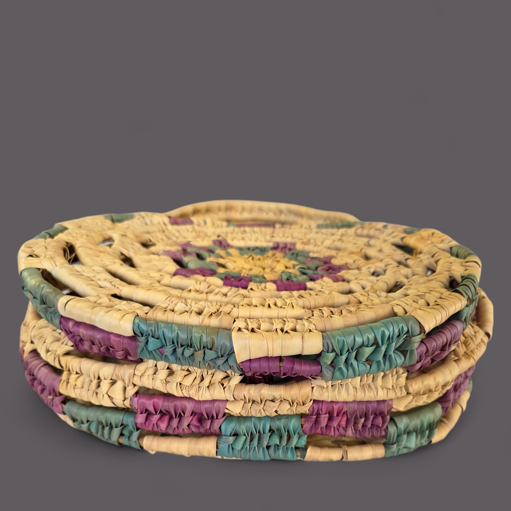 Round Boho, Hippie Straw Shoulder Bag in Natural with Pink & Green Accents - Picture 6 of 6